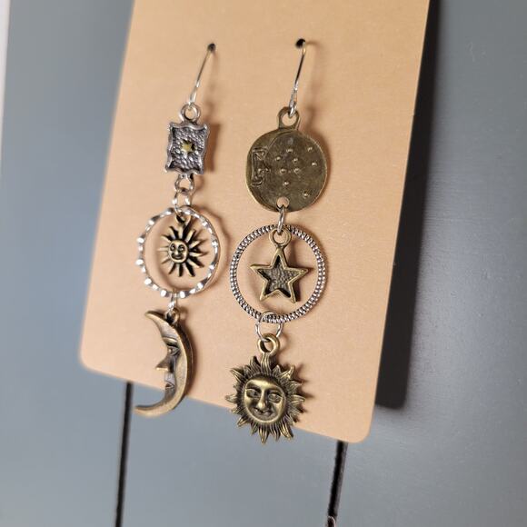 Sun Moon Star Dangle Earrings Celestial Bronze Silver Tone Drop Boho Jewelry - Picture 6 of 10